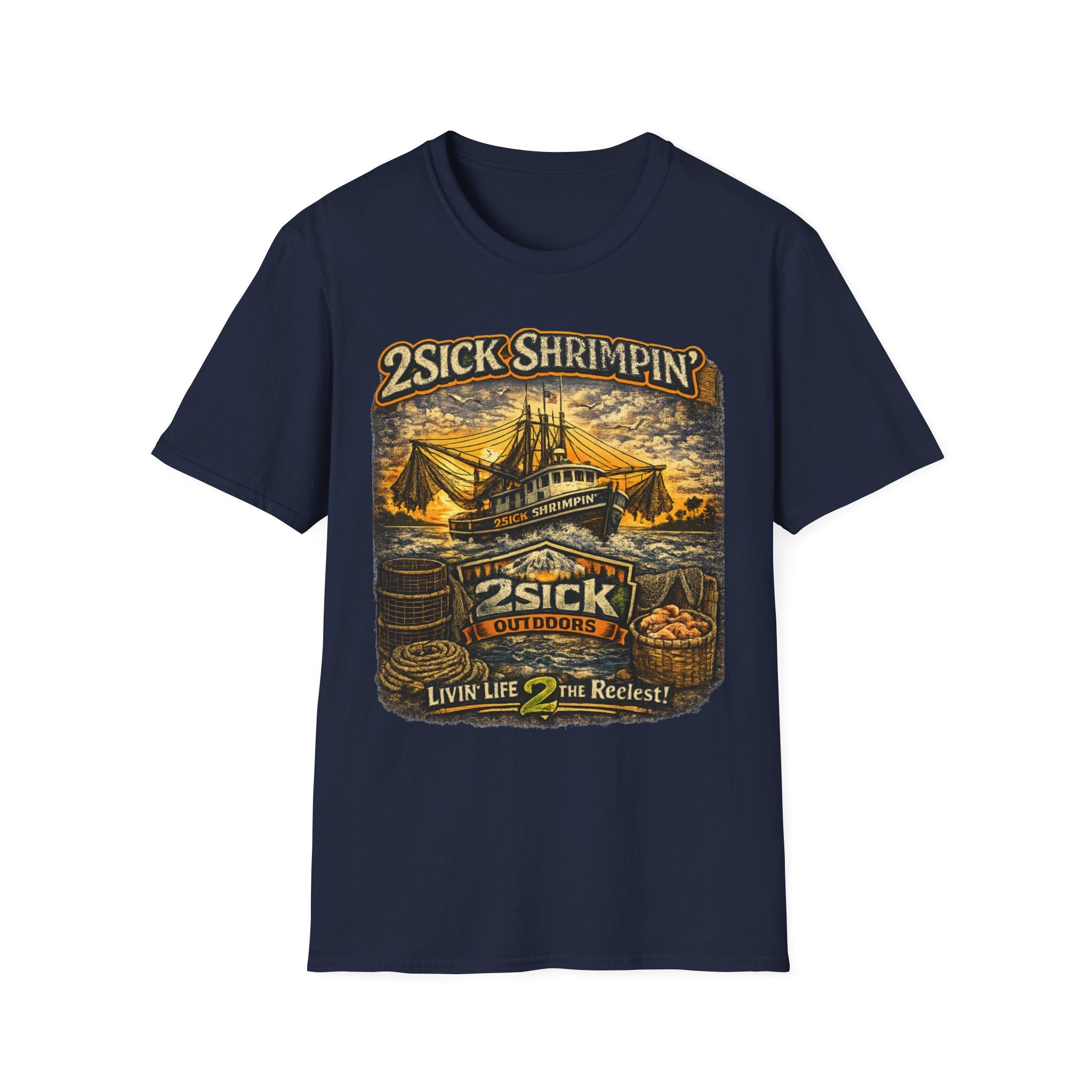 2Sick Shrimpin Vintage Shrimp Boat Graphic Tee