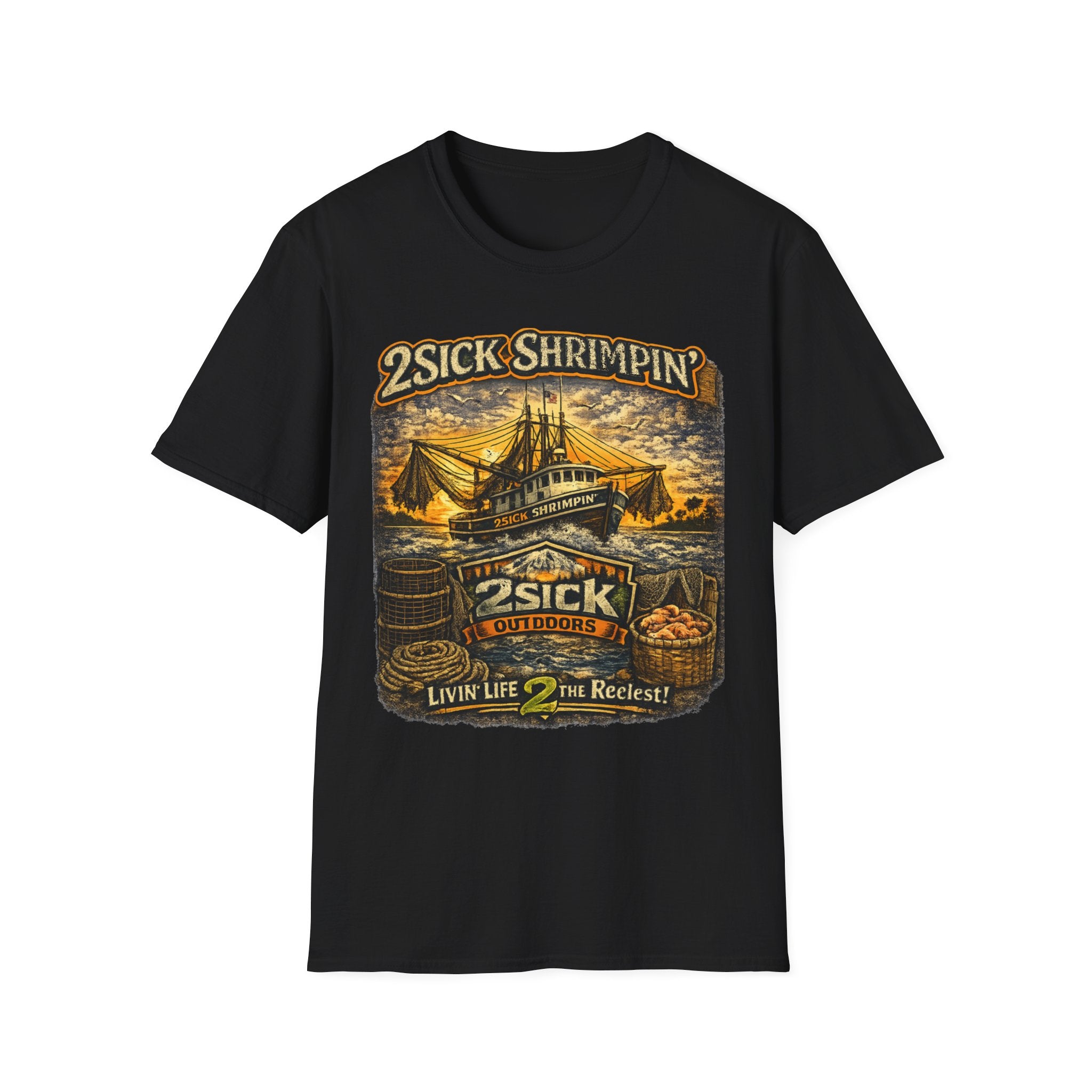 2Sick Shrimpin Vintage Shrimp Boat Graphic Tee