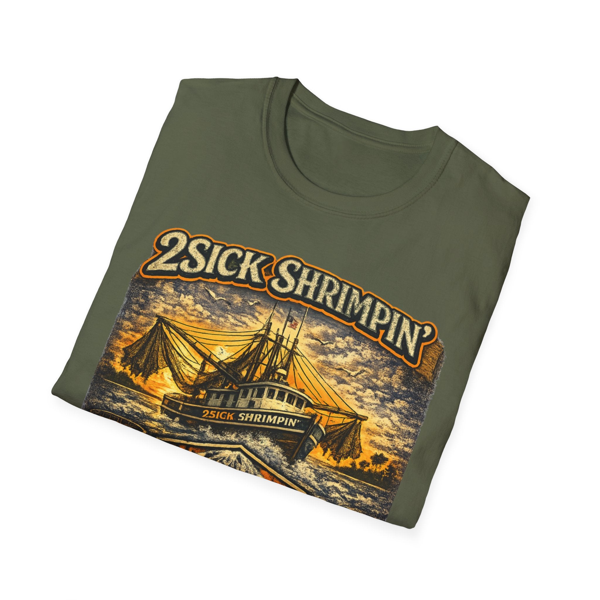2Sick Shrimpin Vintage Shrimp Boat Graphic Tee