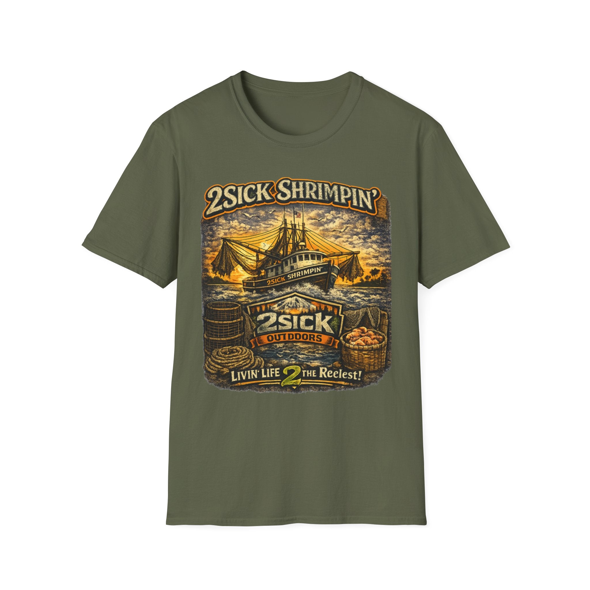 2Sick Shrimpin Vintage Shrimp Boat Graphic Tee